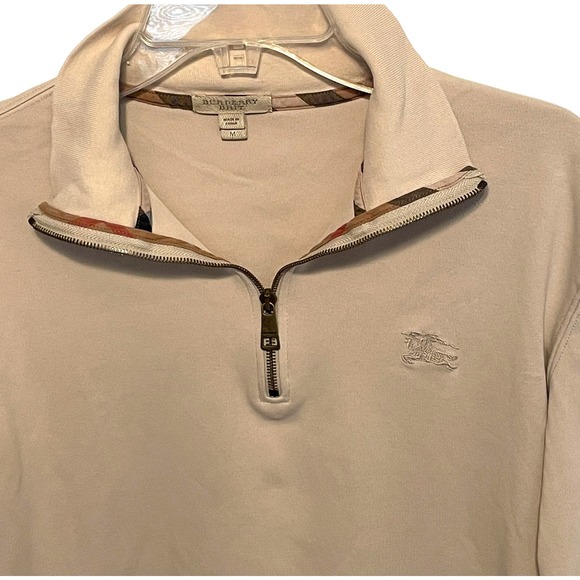 Burberry Brit Quarter Zip Pullover Men's Size Medium Tan with Plaid Trim Shirt - Picture 2 of 8